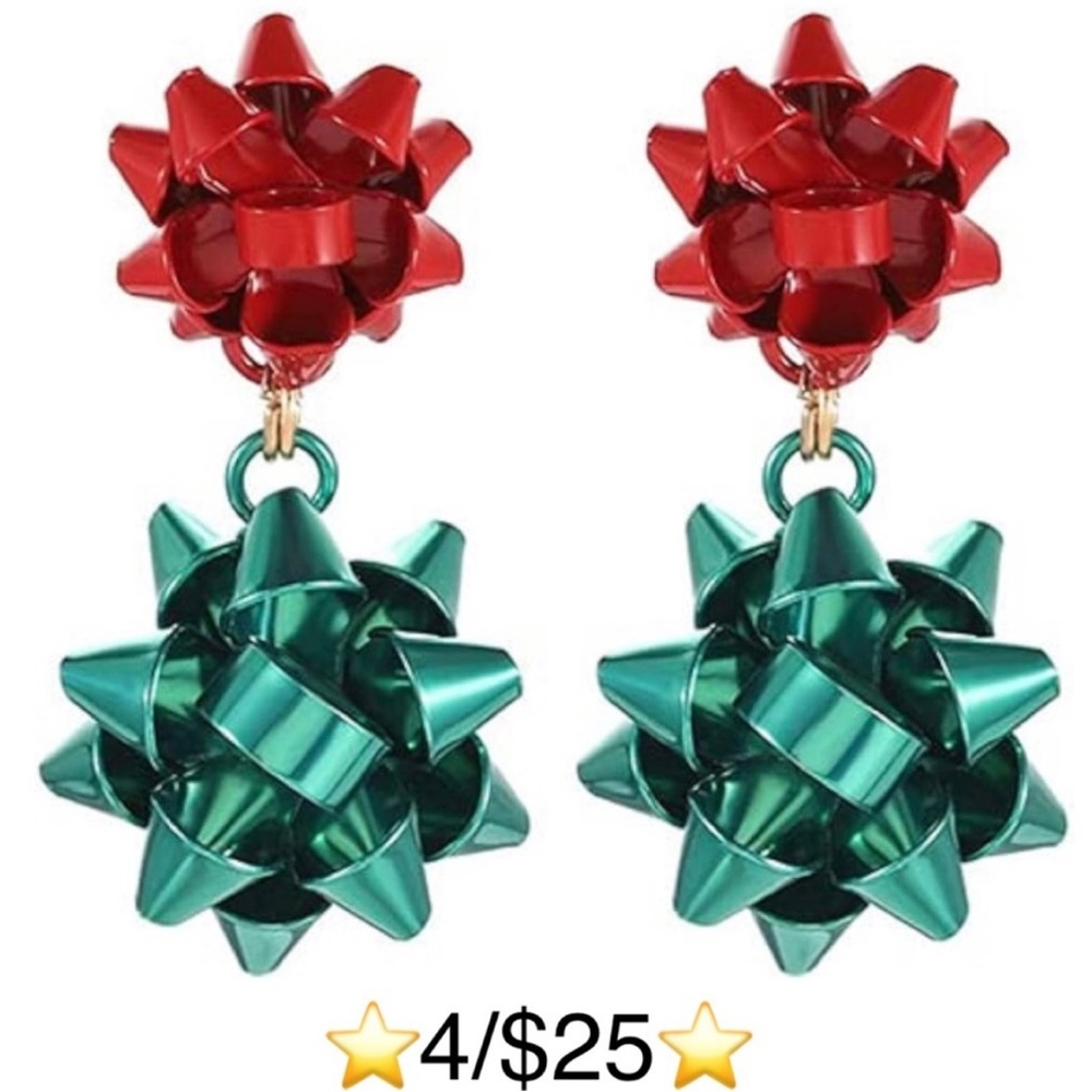 Christmas Bow Earrings Dangling Drop Post Back Novelty Statement Red Green